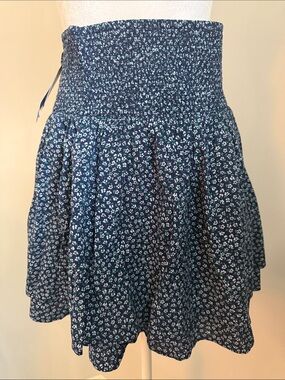 Nautica Navy Blue Floral Smocked Waist Skater Skirt Sz Medium